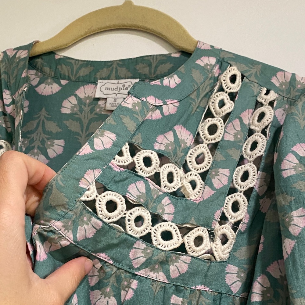 Mud Pie Floral Patterned Dress in Green and Pink with Embroidered Detailing - Picture 5 of 5